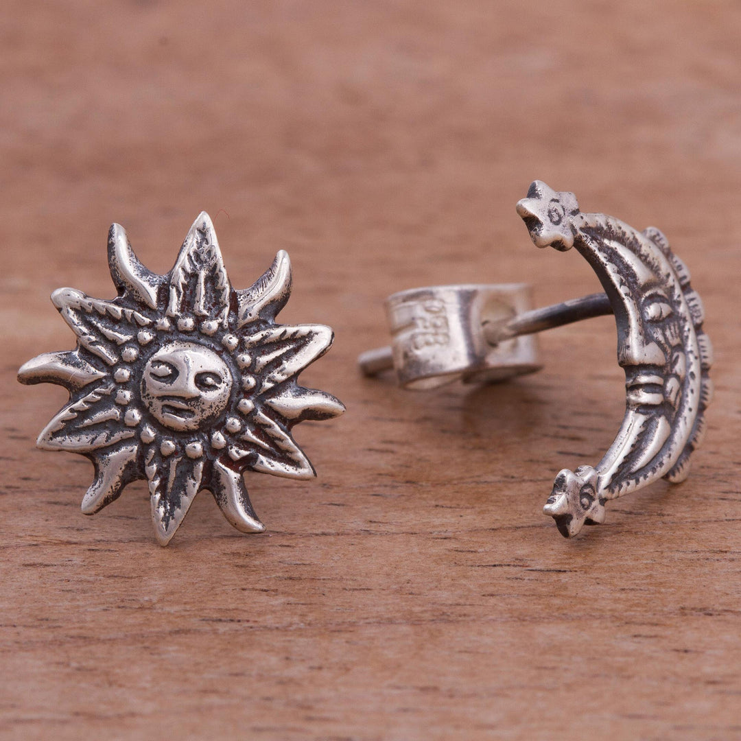 Sterling Silver Sun and Moon Stud Earrings from Peru - Stellar Royalty