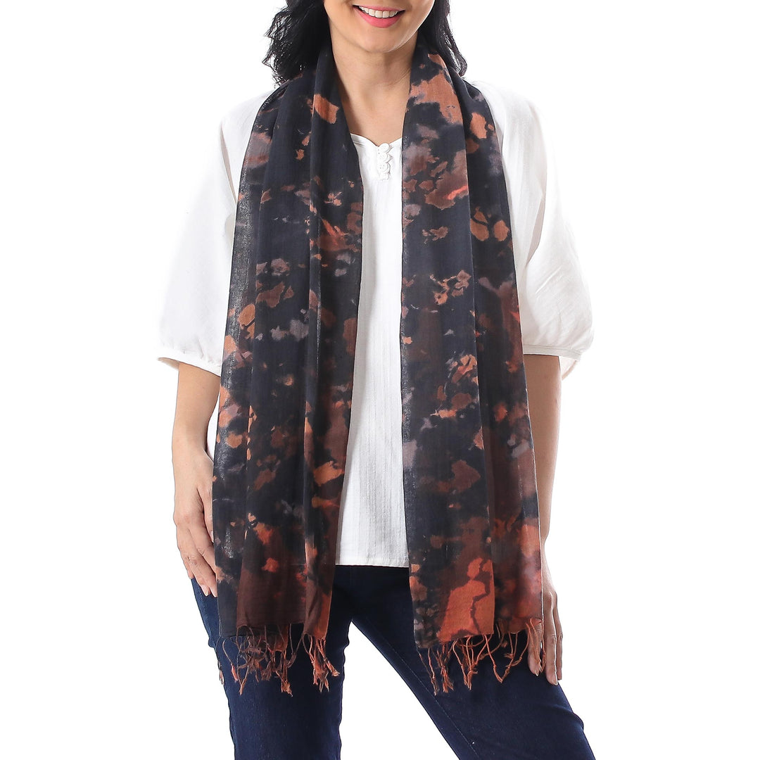 Tie-Dyed Fringed Cotton Wrap Scarf in Brown from Thailand - Subtle Colors