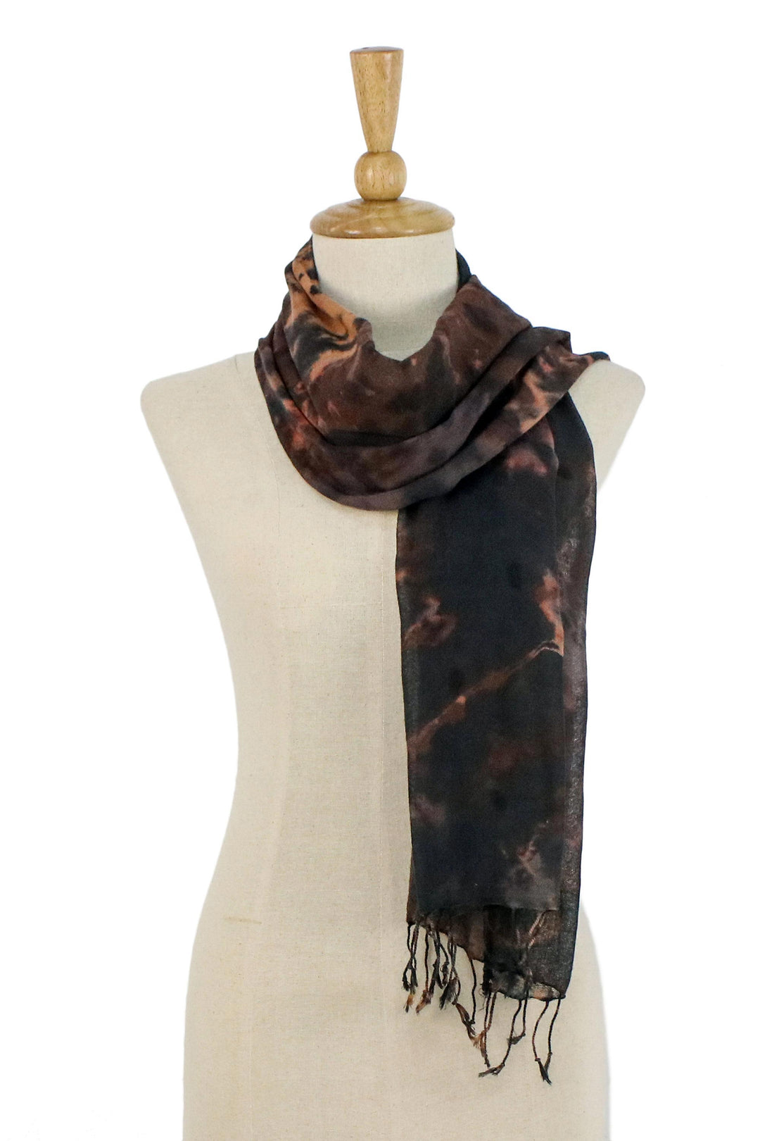 Tie-Dyed Fringed Cotton Wrap Scarf in Brown from Thailand - Subtle Colors