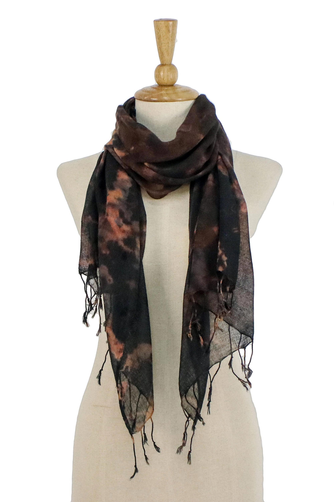 Tie-Dyed Fringed Cotton Wrap Scarf in Brown from Thailand - Subtle Colors