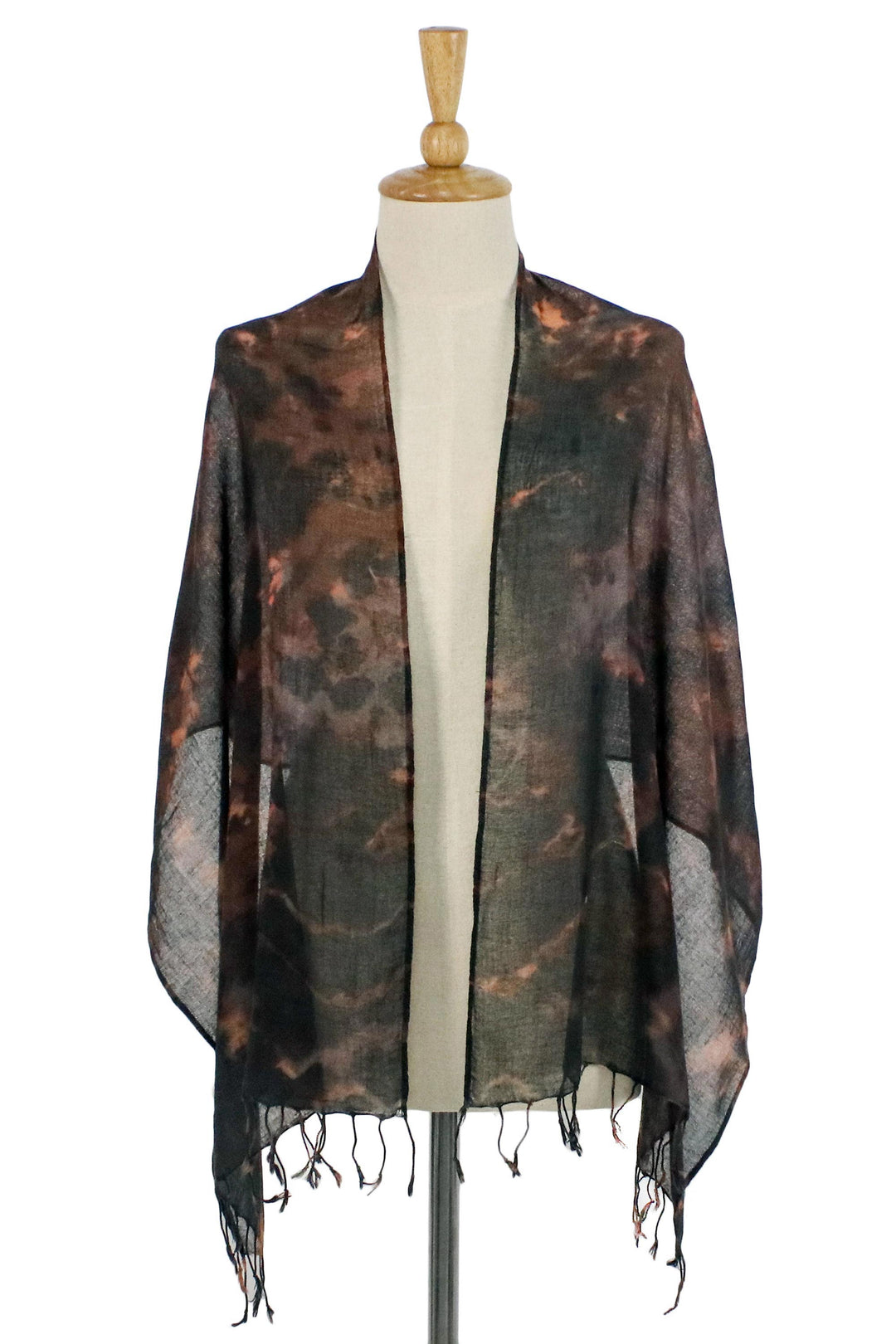 Tie-Dyed Fringed Cotton Wrap Scarf in Brown from Thailand - Subtle Colors