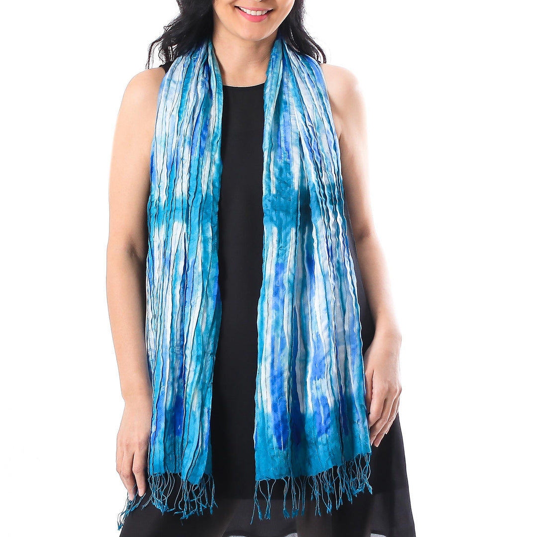 Handwoven Tie-Dyed Silk Scarf in Blue from Thailand - Lovely Magic in Blue