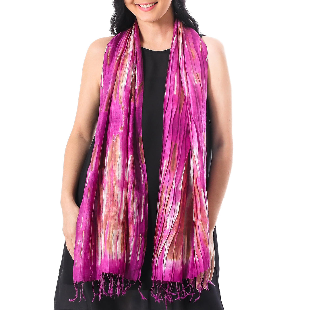 Handwoven Tie-Dyed Silk Scarf in Fuchsia from Thailand - Lovely Magic in Fuchsia