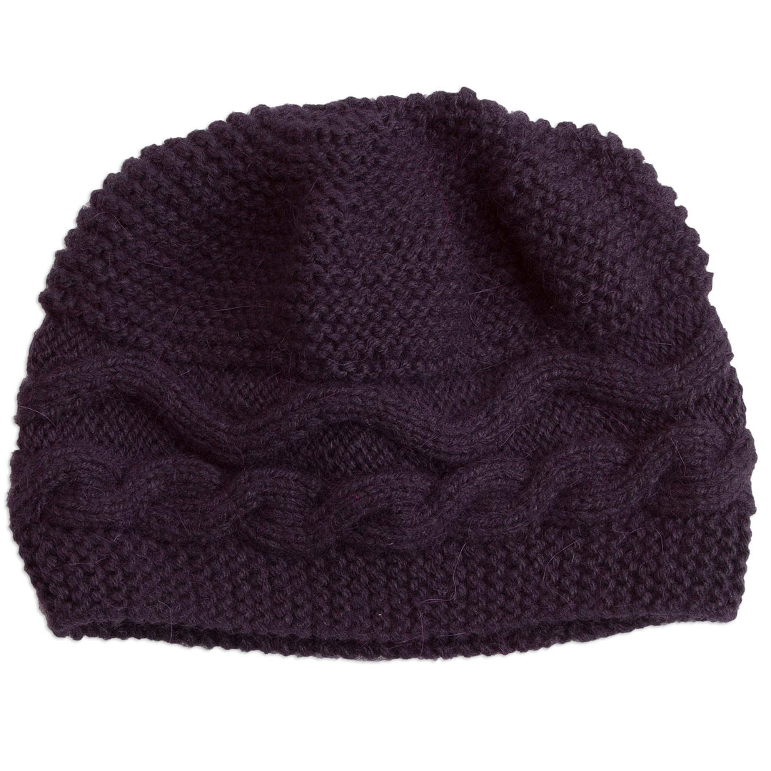 Hand-Knit Alpaca Blend Hat in Aubergine from Peru - Aubergine Waves