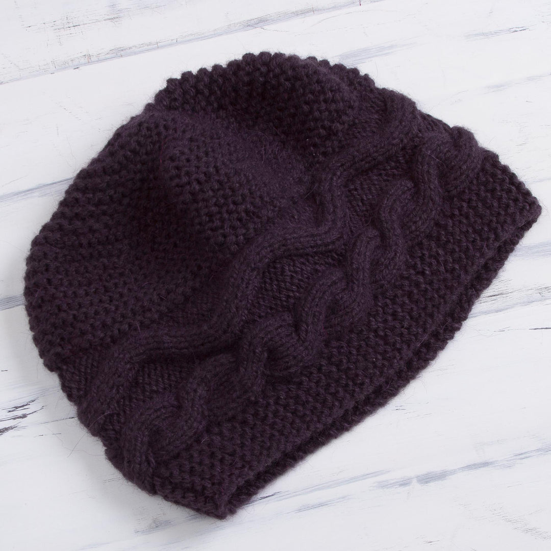 Hand-Knit Alpaca Blend Hat in Aubergine from Peru - Aubergine Waves
