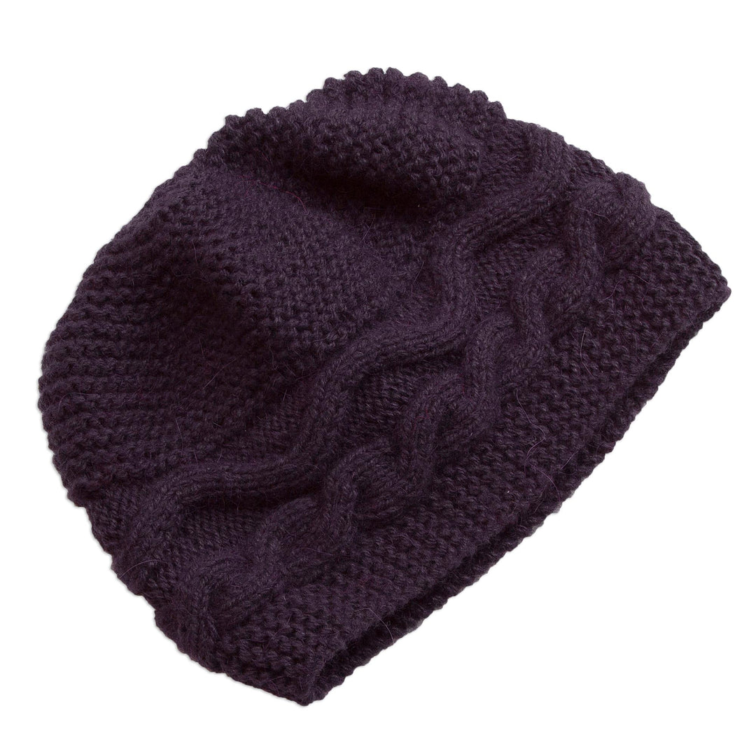 Hand-Knit Alpaca Blend Hat in Aubergine from Peru - Aubergine Waves