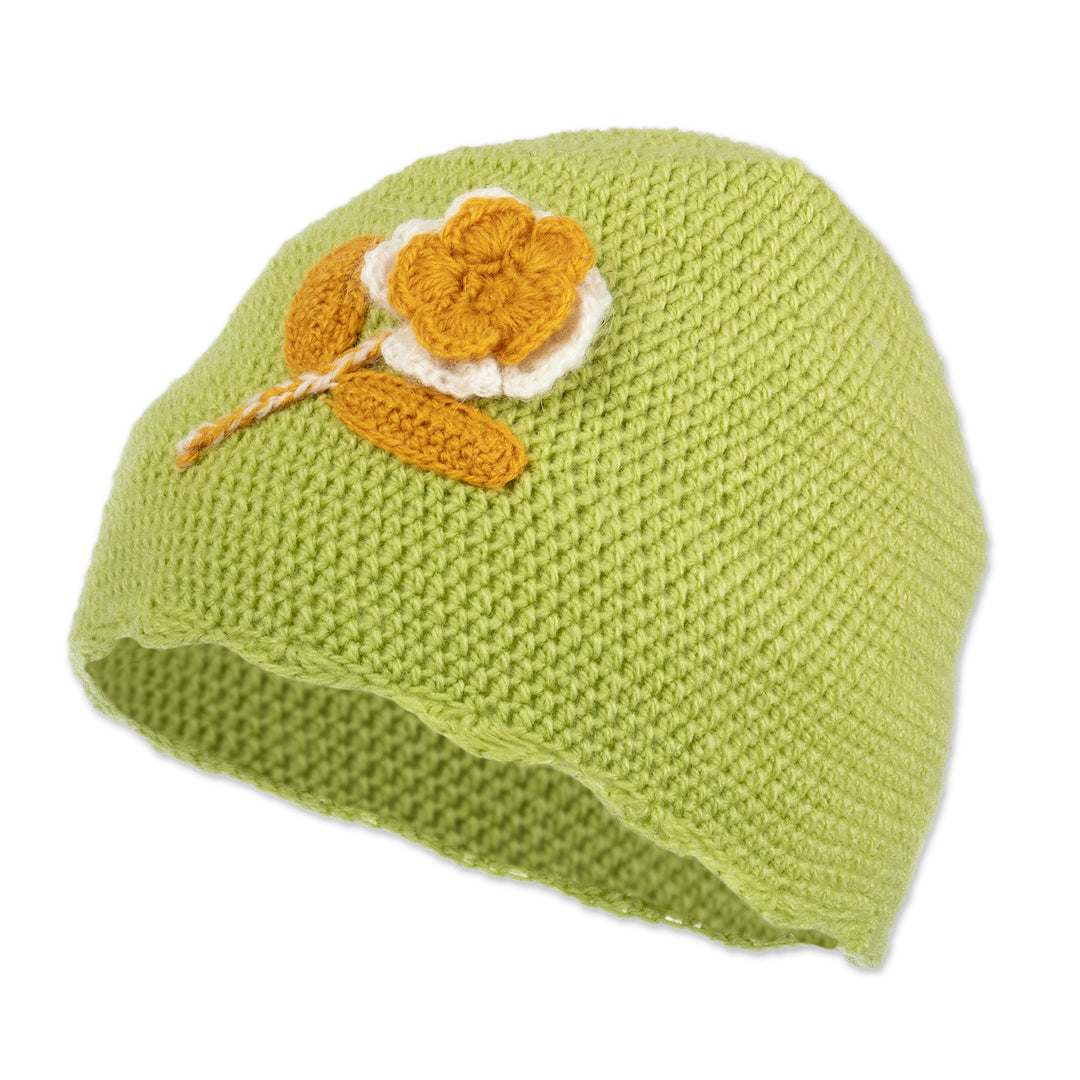 Floral Crocheted Alpaca Blend Hat in Chartreuse from Peru - Sweet Blossom