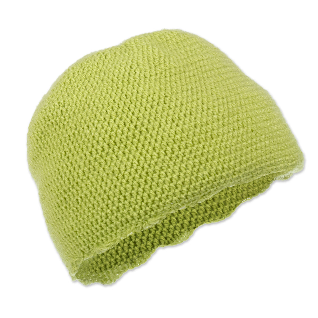 Floral Crocheted Alpaca Blend Hat in Chartreuse from Peru - Sweet Blossom