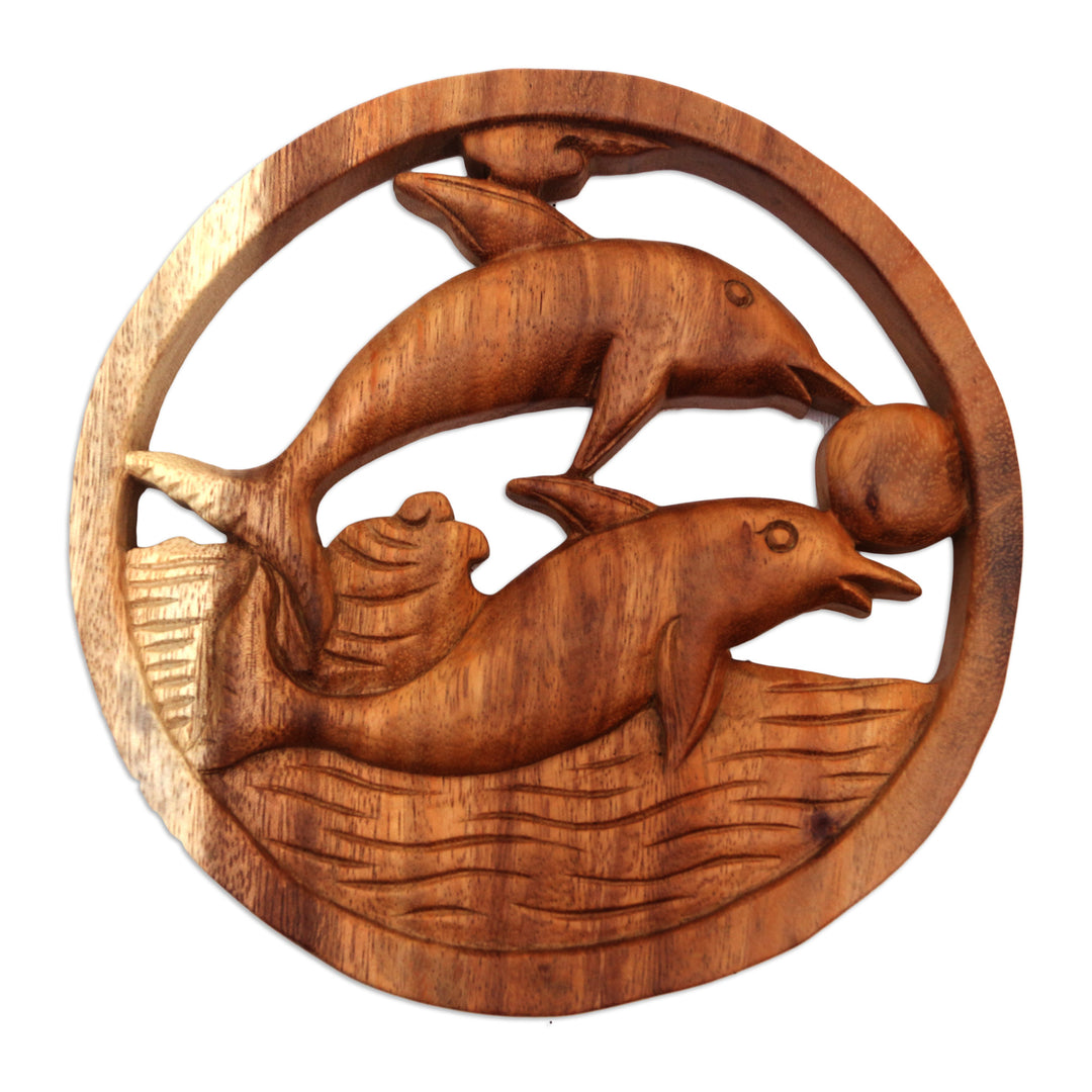 Hand Carved Suar Wood Dolphin Relief Panel from Bali - Fun with Dolphins