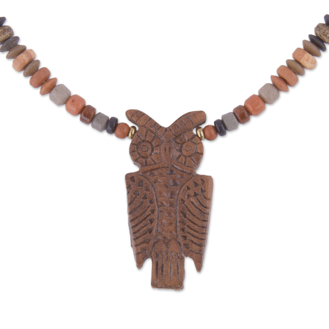 Owl-Shaped Ceramic Beaded Pendant Necklace from Peru - Nocturnal Vigilance