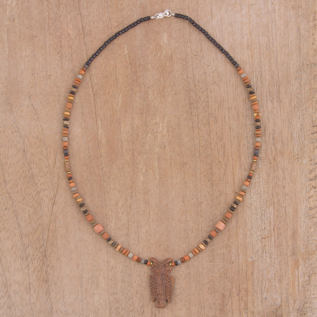 Owl-Shaped Ceramic Beaded Pendant Necklace from Peru - Nocturnal Vigilance