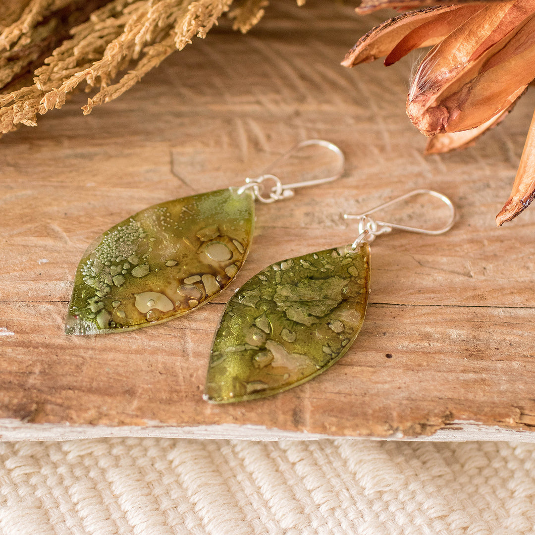 Green Recycled CD Dangle Earrings from Guatemala - Leafy Forest