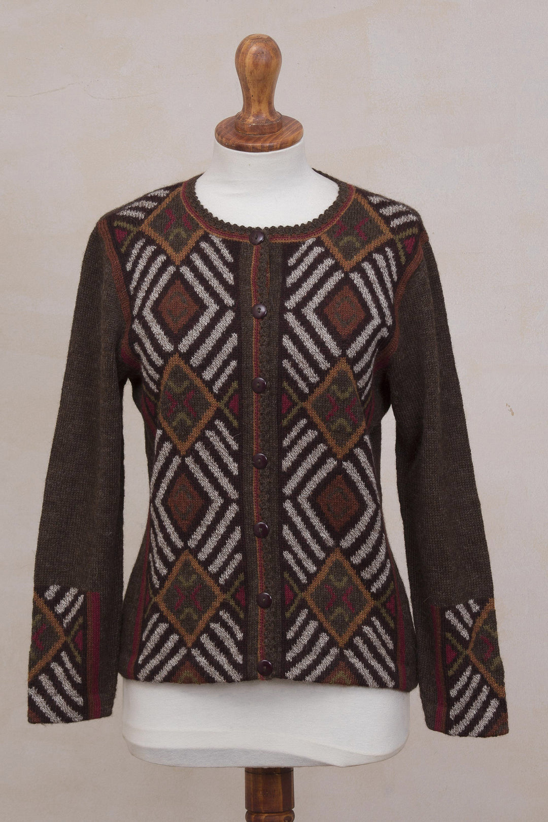 100% Alpaca Brown Cardigan Sweater with Diamond Motif - Incan Argyle