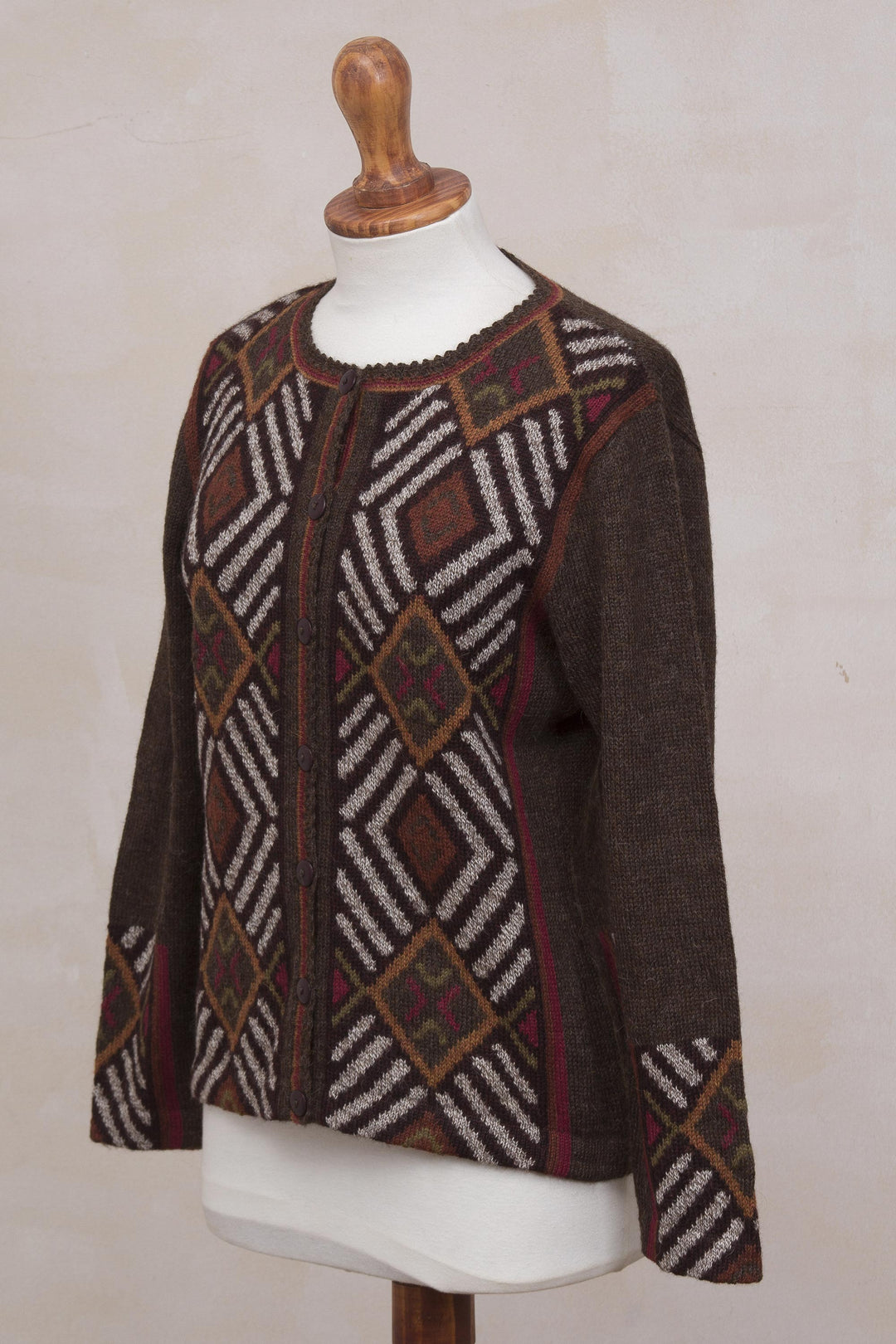 100% Alpaca Brown Cardigan Sweater with Diamond Motif - Incan Argyle