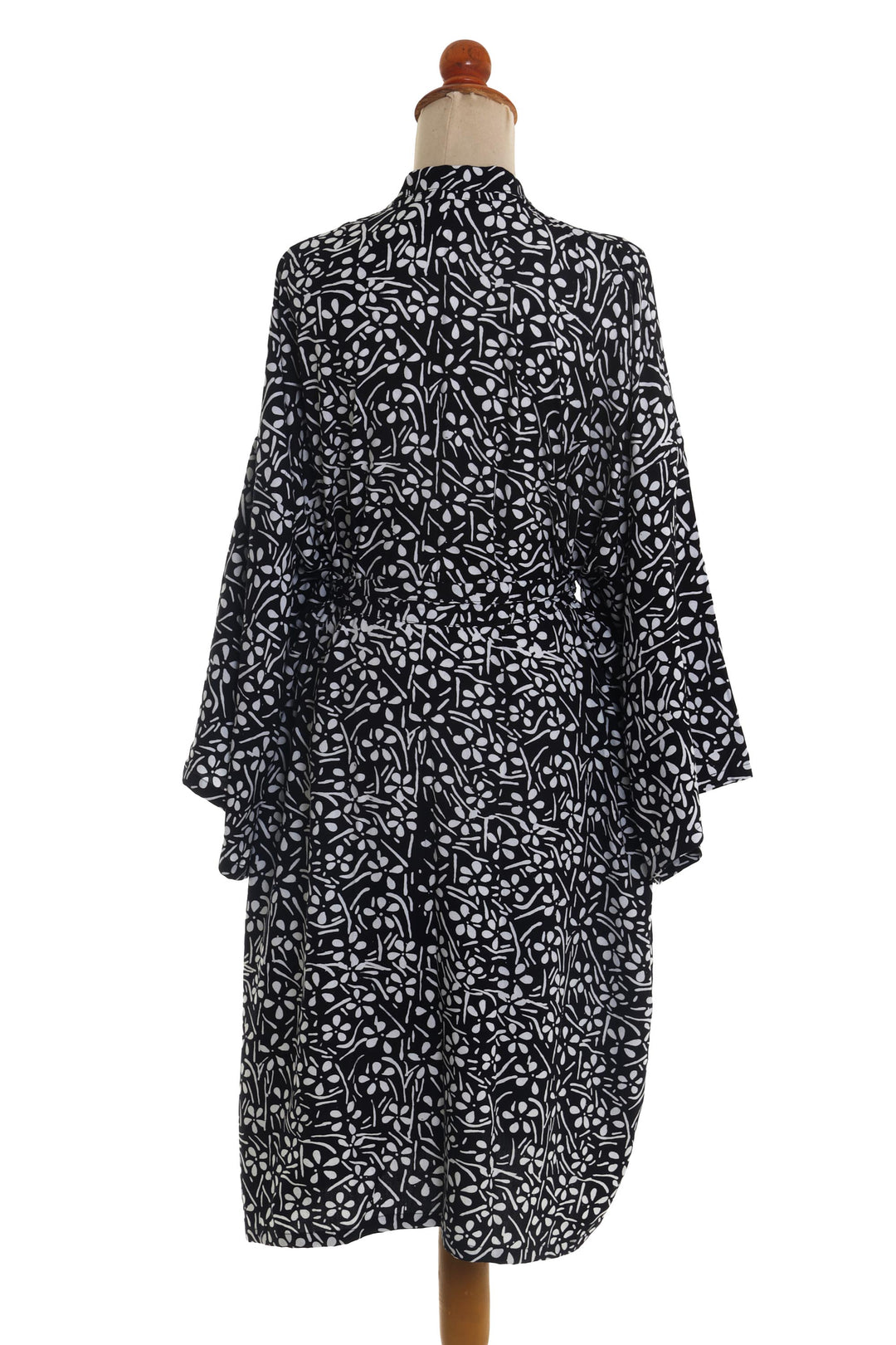 Silk Screen White Flowers on Black Rayon Short Robe - Midnight Meadow