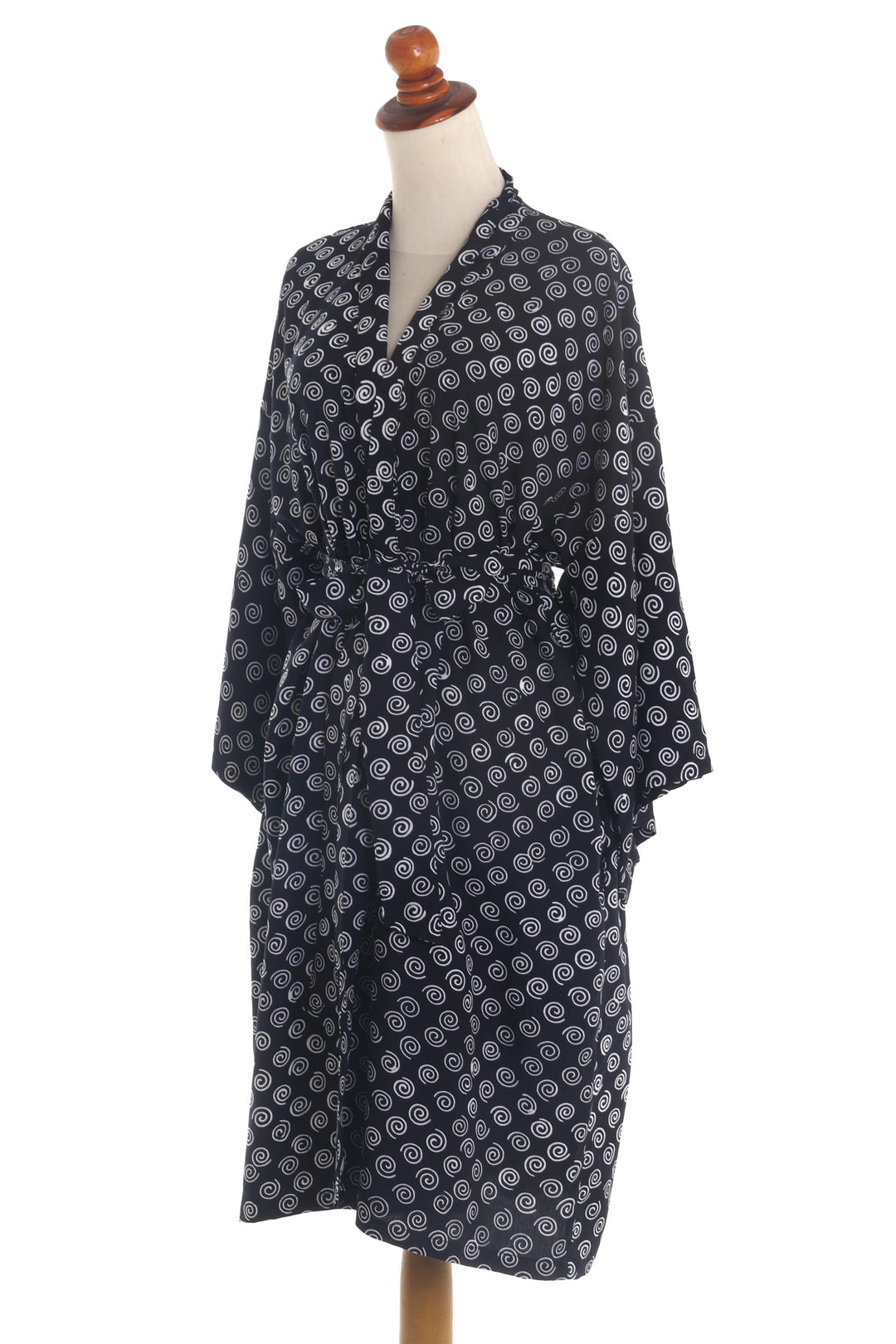 White Swirls on Black Rayon Short Robe - Sensational Swirls
