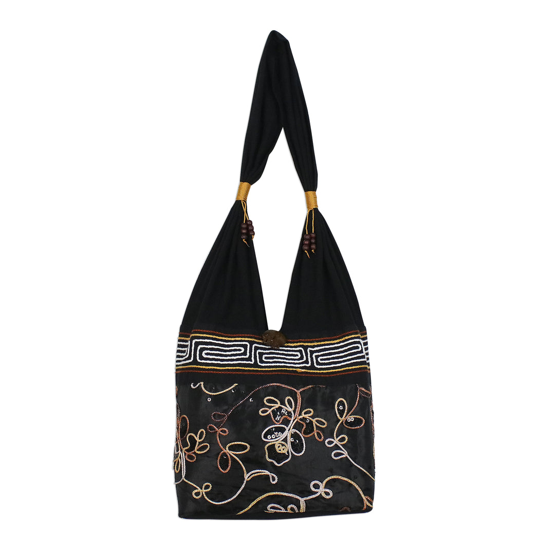Floral Cotton Shoulder Bag from Thailand - Floral Nighttime