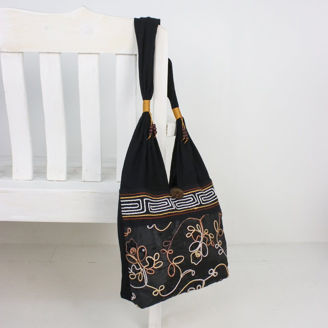 Floral Cotton Shoulder Bag from Thailand - Floral Nighttime