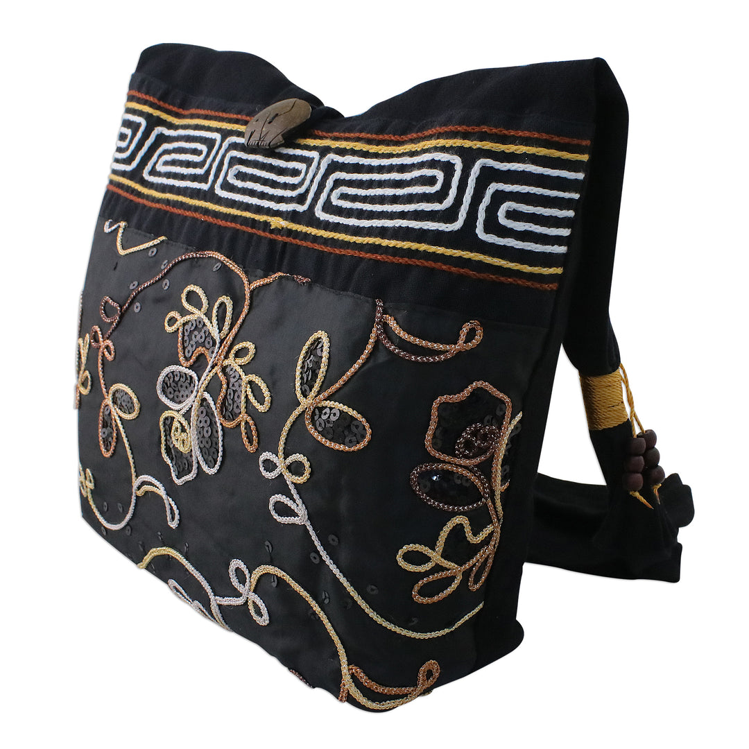 Floral Cotton Shoulder Bag from Thailand - Floral Nighttime