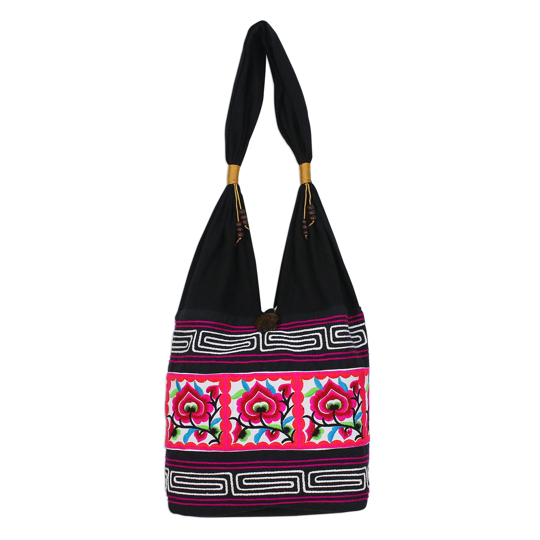 Pink Floral Cotton Blend Shoulder Bag from Thailand - Thai Flora