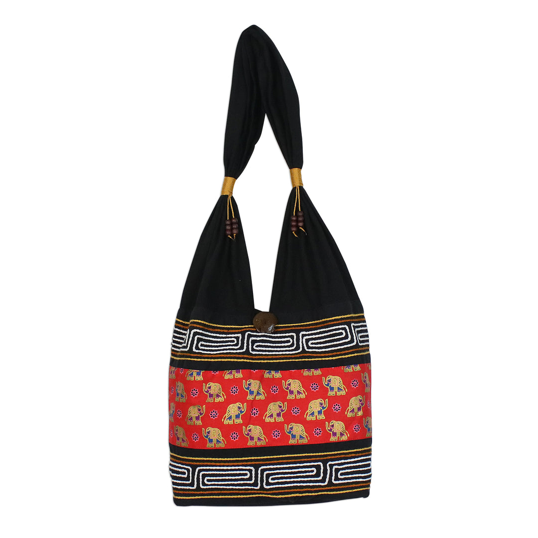 Black and Crimson Cotton Blend Shoulder Bag from Thailand - Thai Siam in Crimson