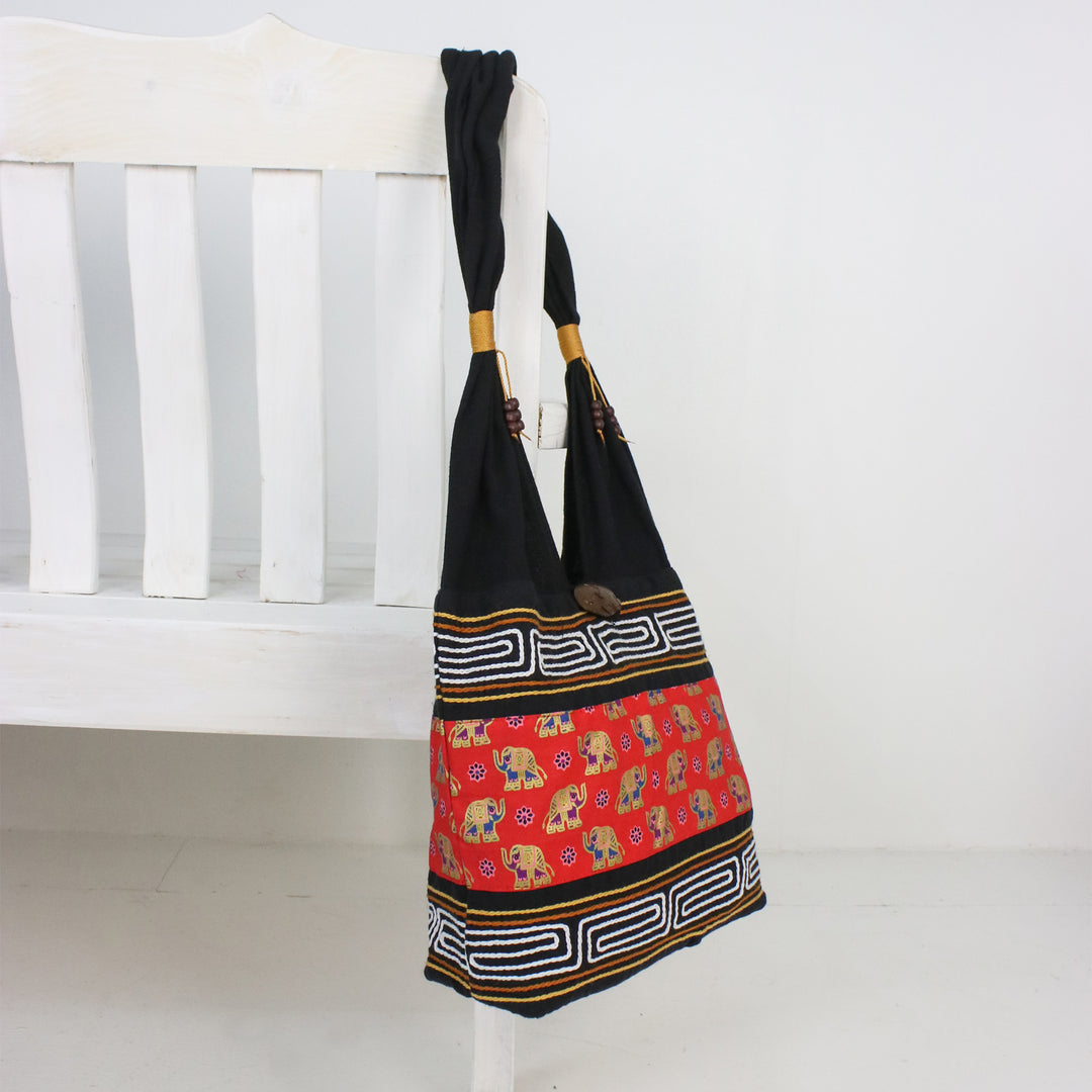 Black and Crimson Cotton Blend Shoulder Bag from Thailand - Thai Siam in Crimson