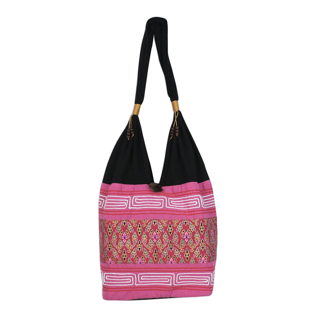 Floral Cotton Blend Shoulder Bag in Fuchsia from Thailand - Charming Thai in Fuchsia
