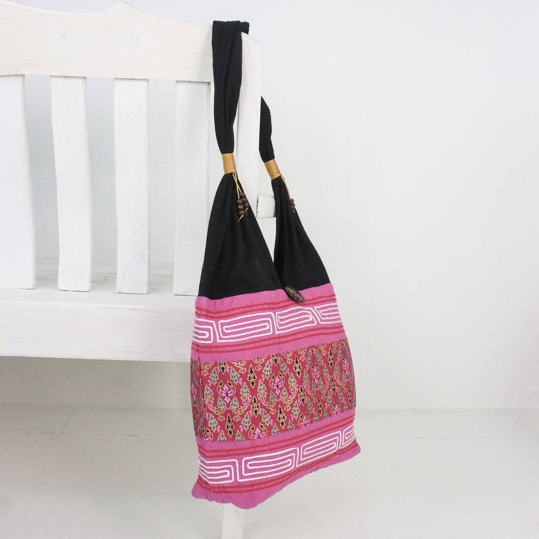 Floral Cotton Blend Shoulder Bag in Fuchsia from Thailand - Charming Thai in Fuchsia