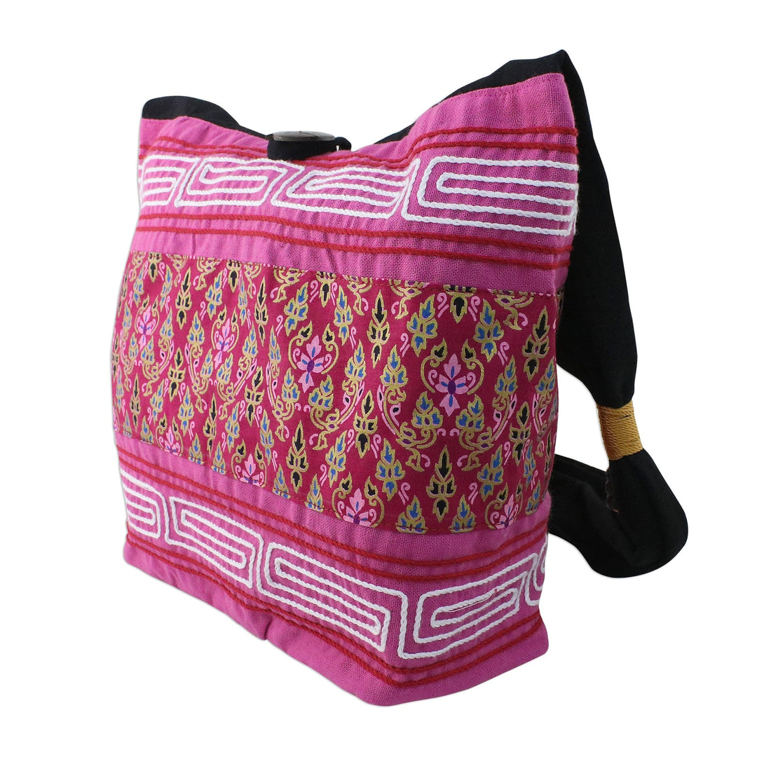 Floral Cotton Blend Shoulder Bag in Fuchsia from Thailand - Charming Thai in Fuchsia