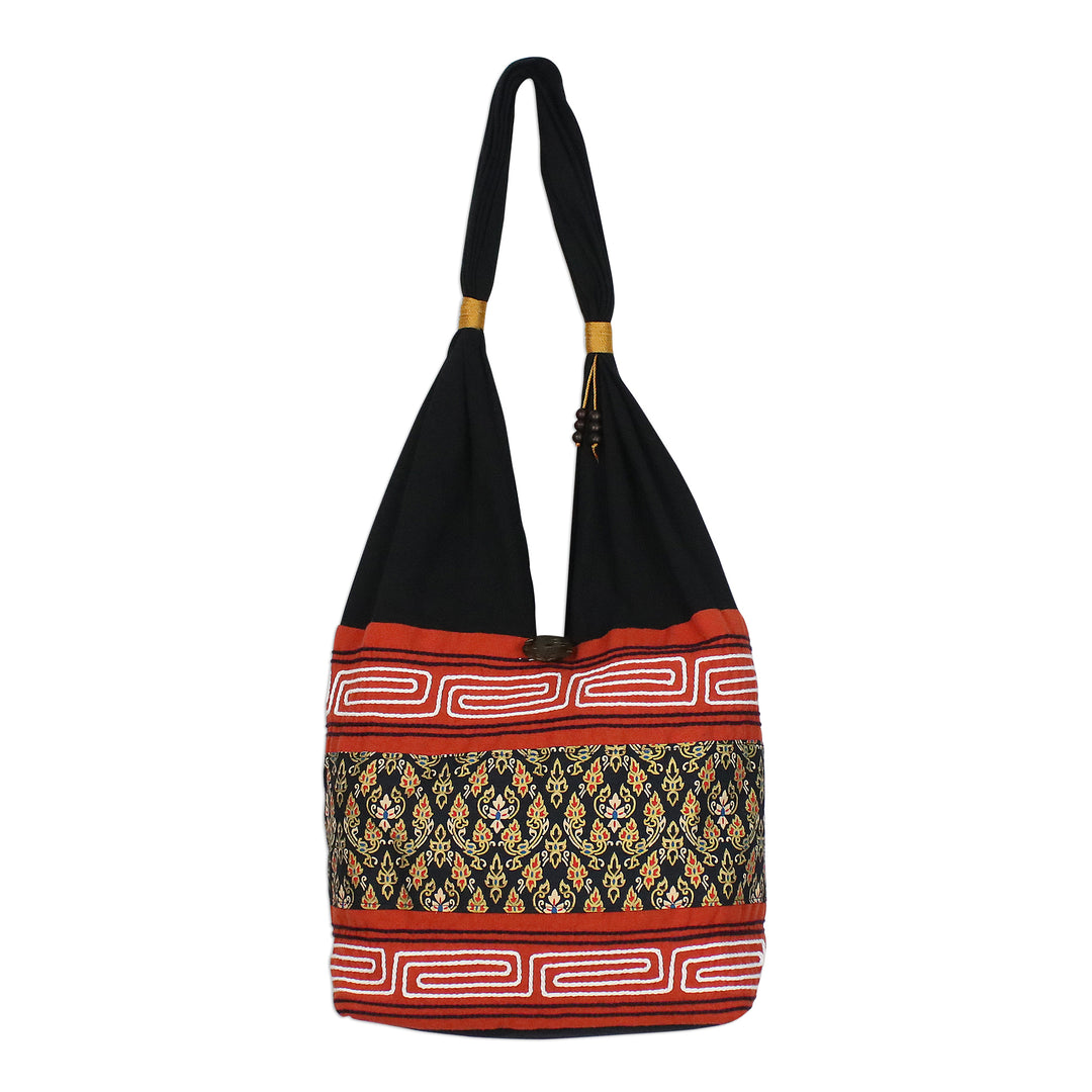 Floral Cotton Blend Shoulder Bag in Paprika from Thailand - Charming Thai in Paprika