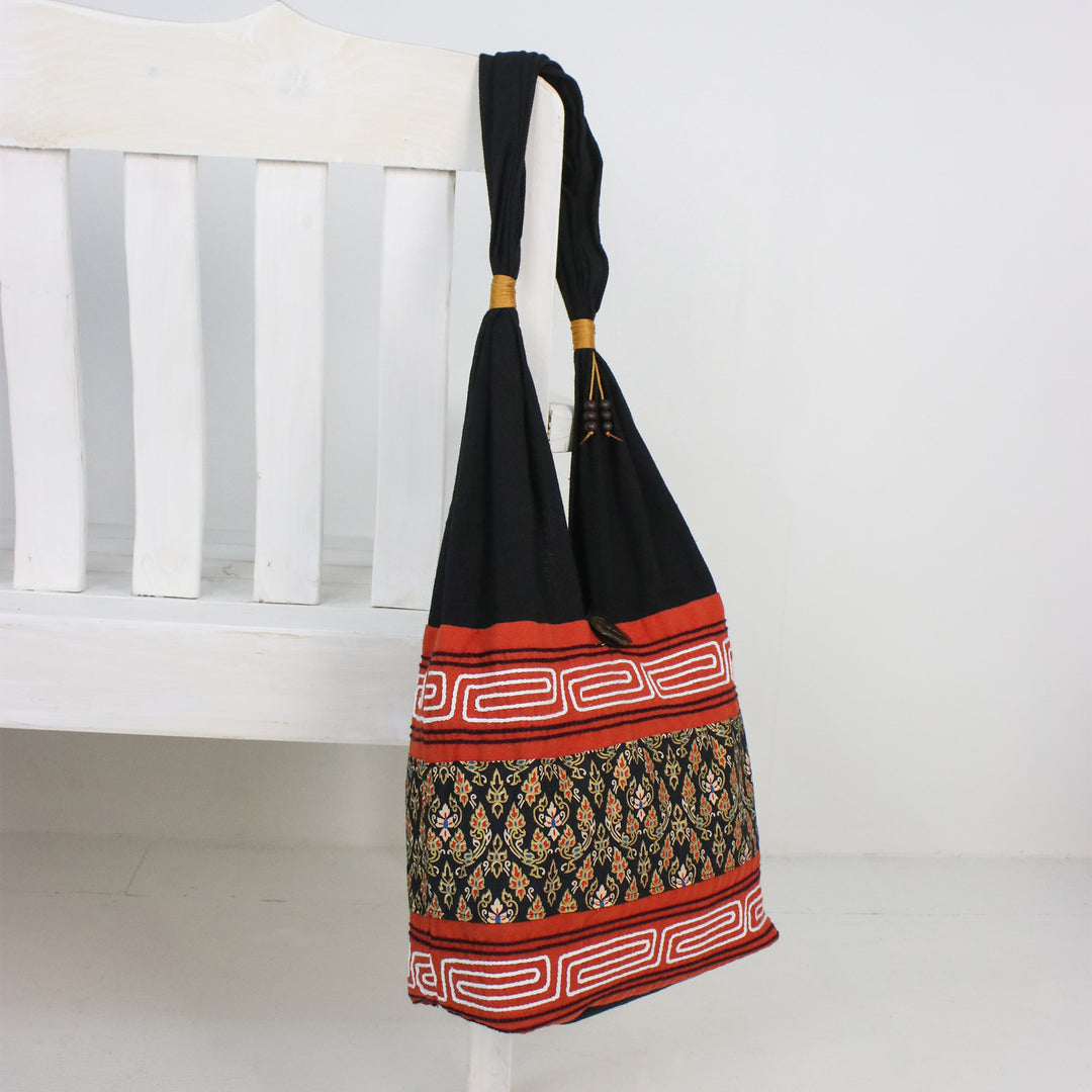 Floral Cotton Blend Shoulder Bag in Paprika from Thailand - Charming Thai in Paprika