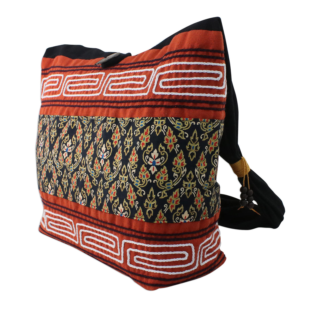 Floral Cotton Blend Shoulder Bag in Paprika from Thailand - Charming Thai in Paprika
