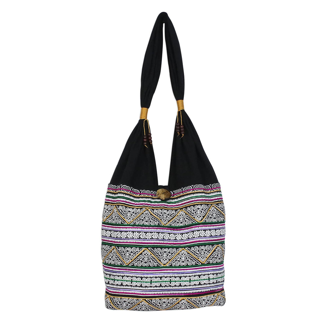 Multicolored Embroidered Cotton Shoulder Bag from Thailand - Thai Spirals