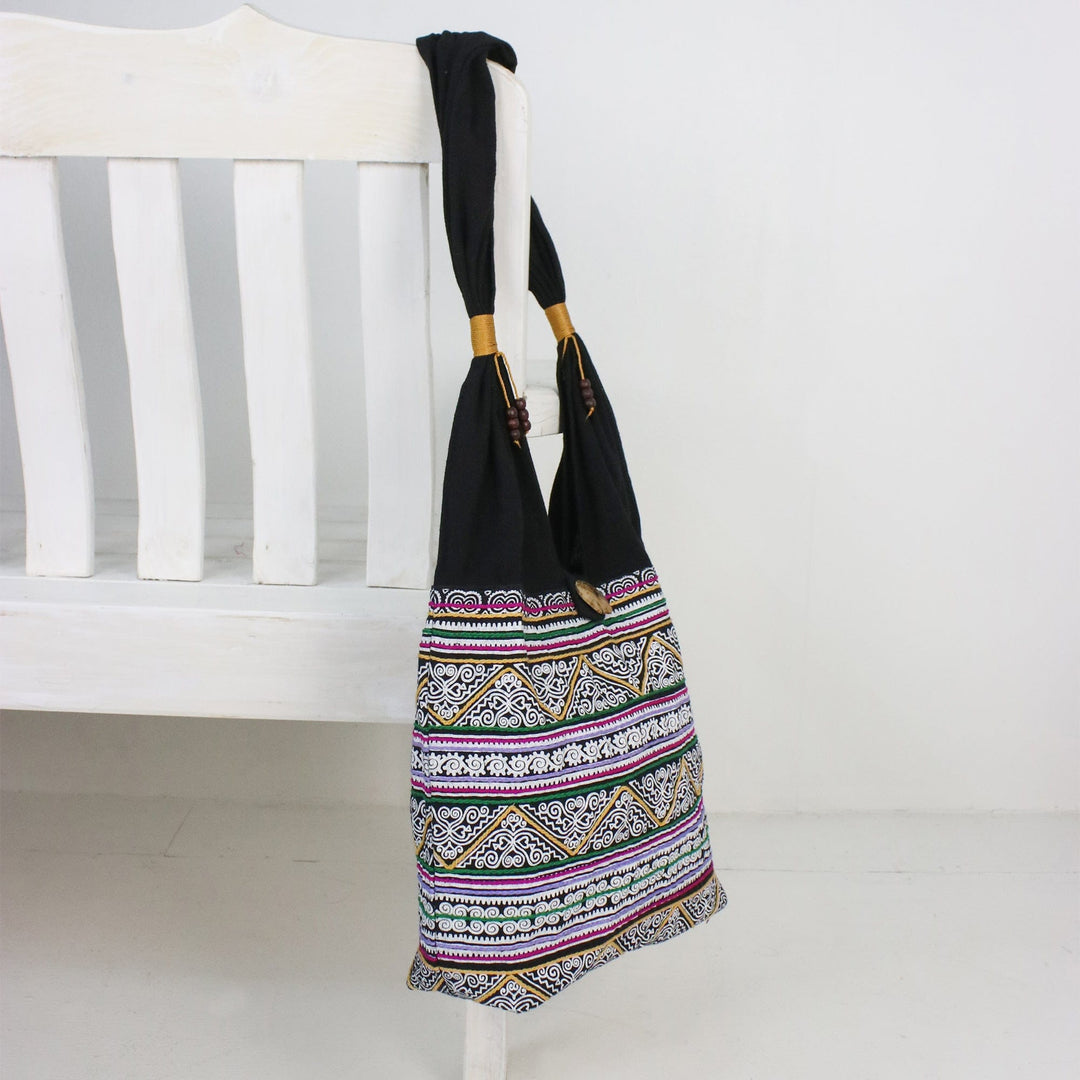 Multicolored Embroidered Cotton Shoulder Bag from Thailand - Thai Spirals