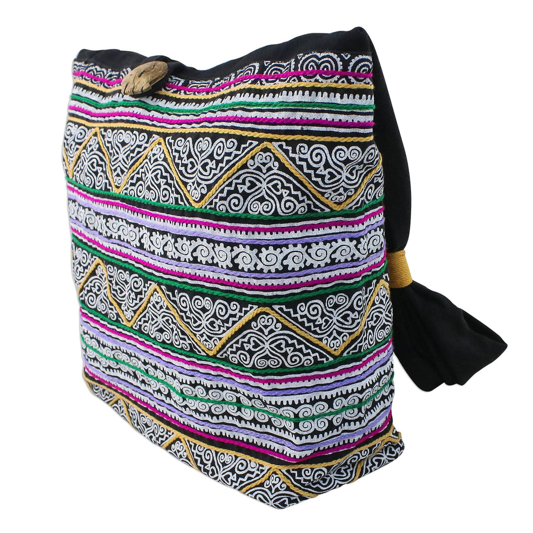 Multicolored Embroidered Cotton Shoulder Bag from Thailand - Thai Spirals