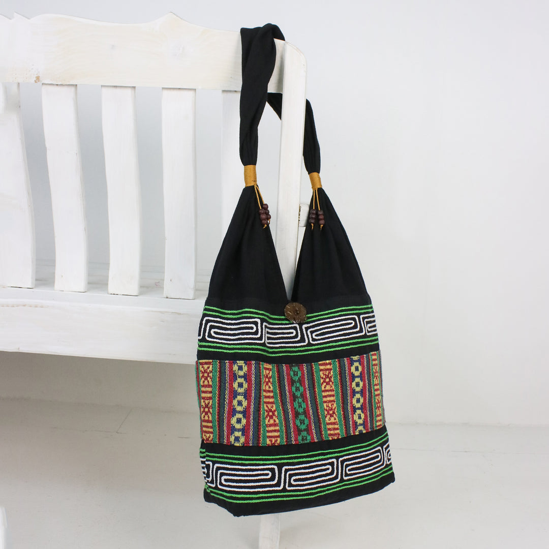 Embroidered Multicolored Cotton Shoulder Bag from Thailand - Thai Hillside