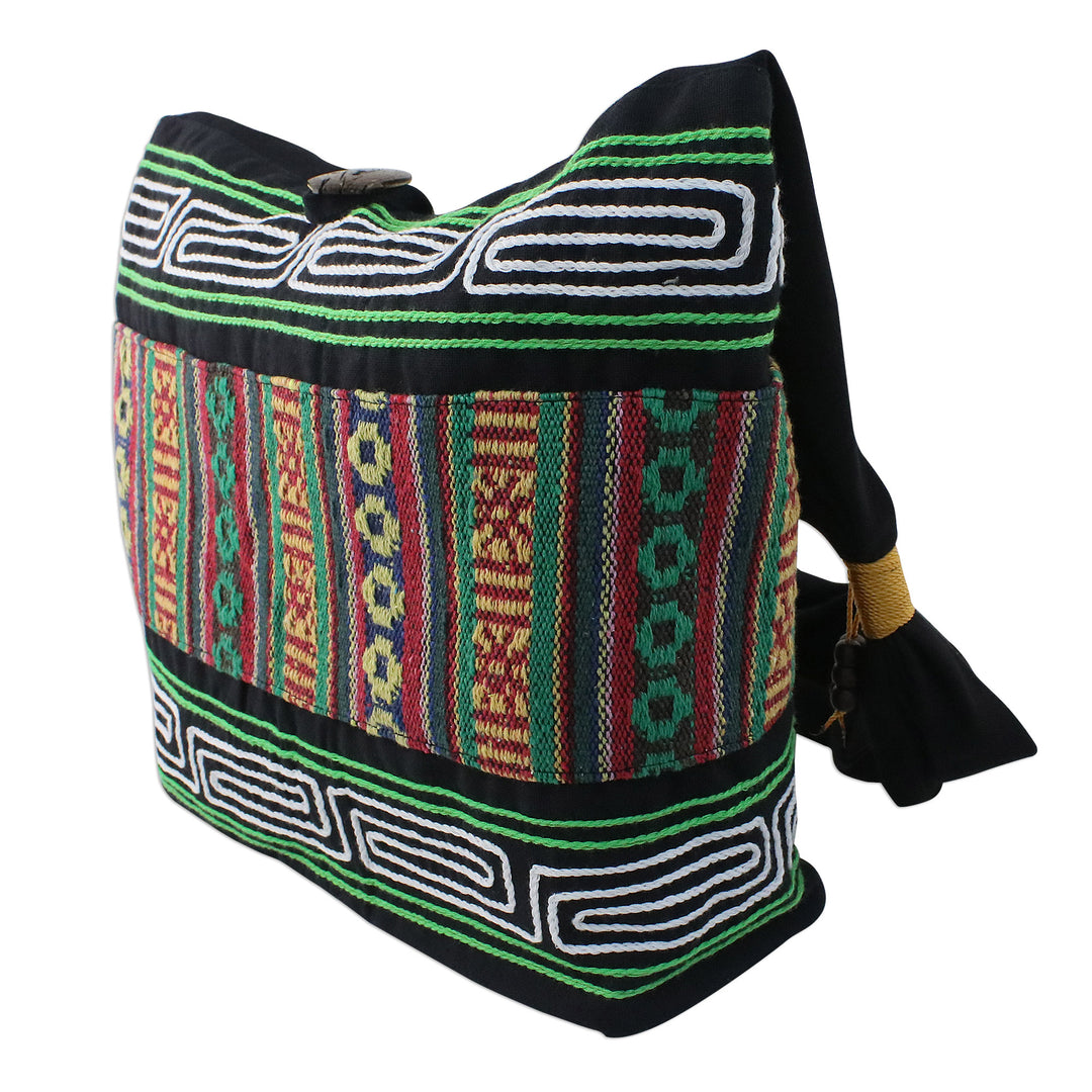 Embroidered Multicolored Cotton Shoulder Bag from Thailand - Thai Hillside