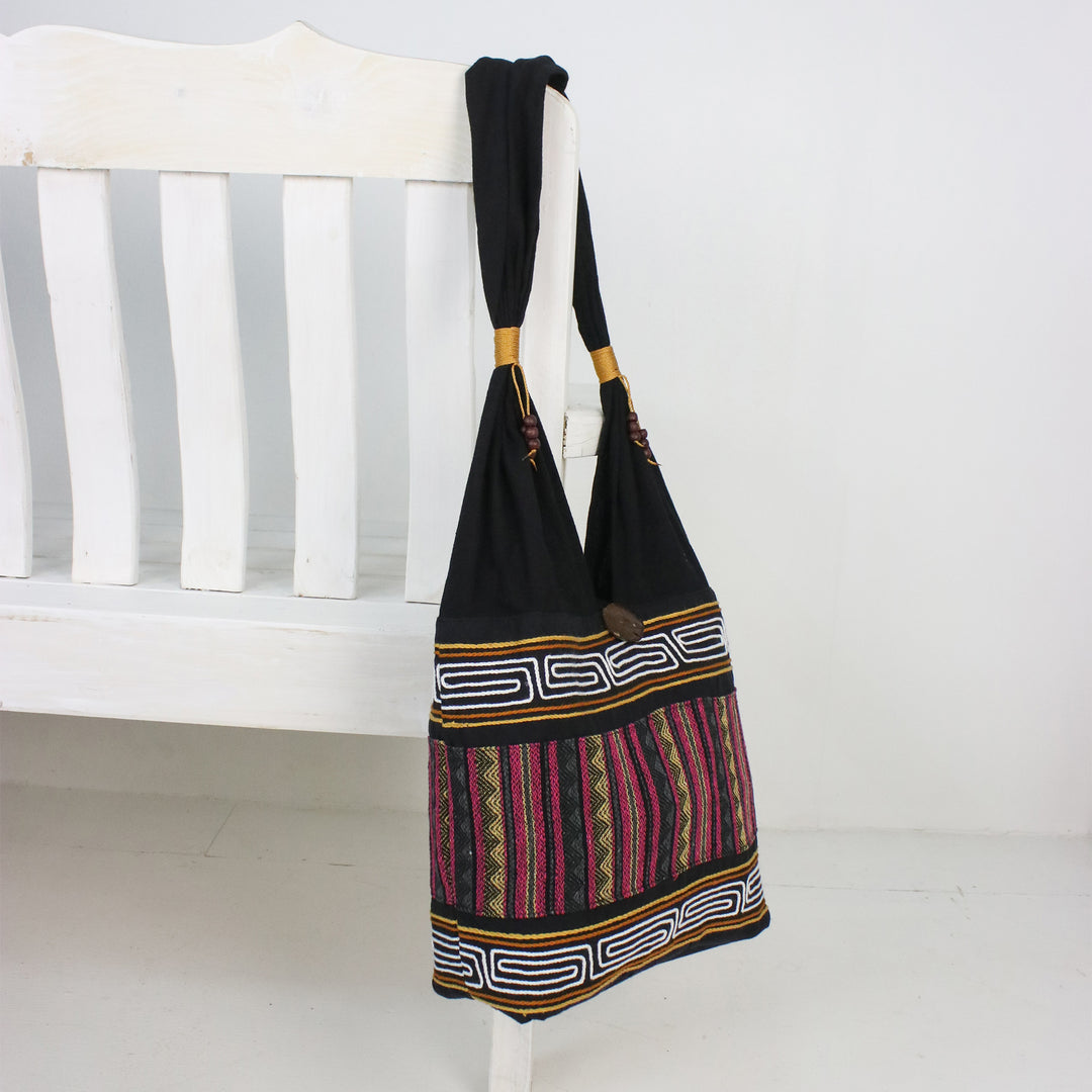 Zigzag Motif Cotton Blend Shoulder Bag from Thailand - Sophisticated Zigzag
