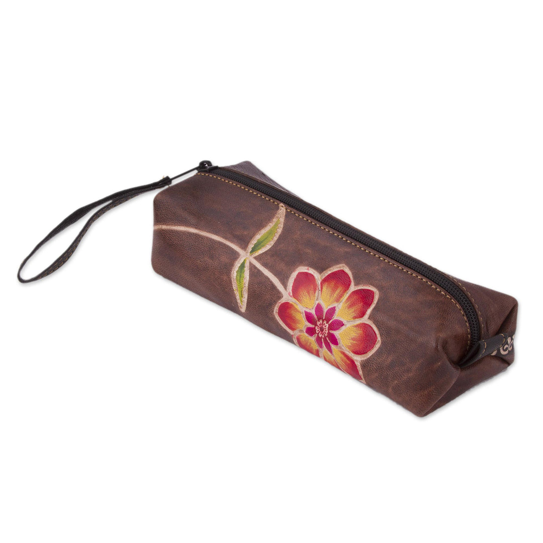 Brown Leather Pencil Case with Hand Painted Flower - Moray Flower