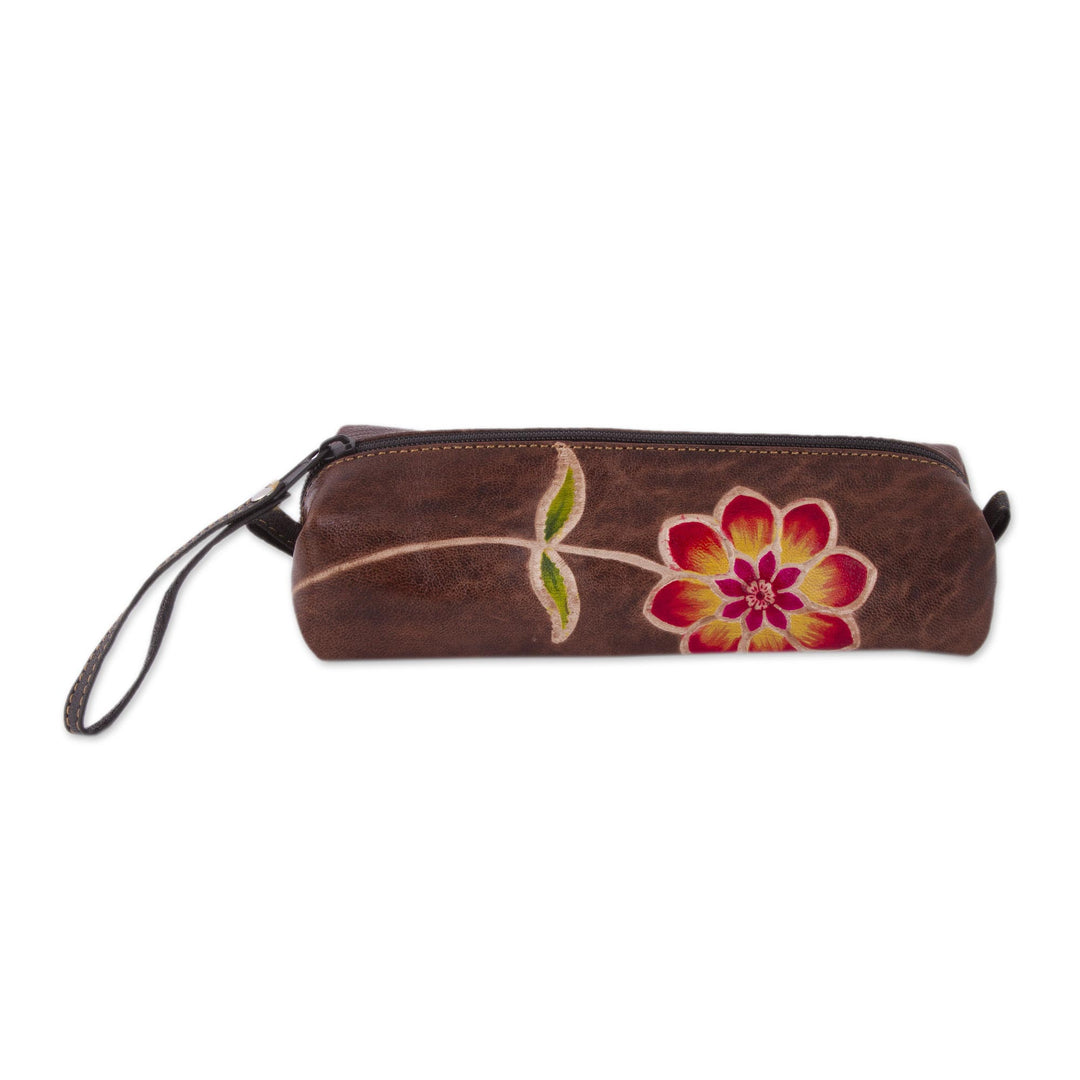 Brown Leather Pencil Case with Hand Painted Flower - Moray Flower