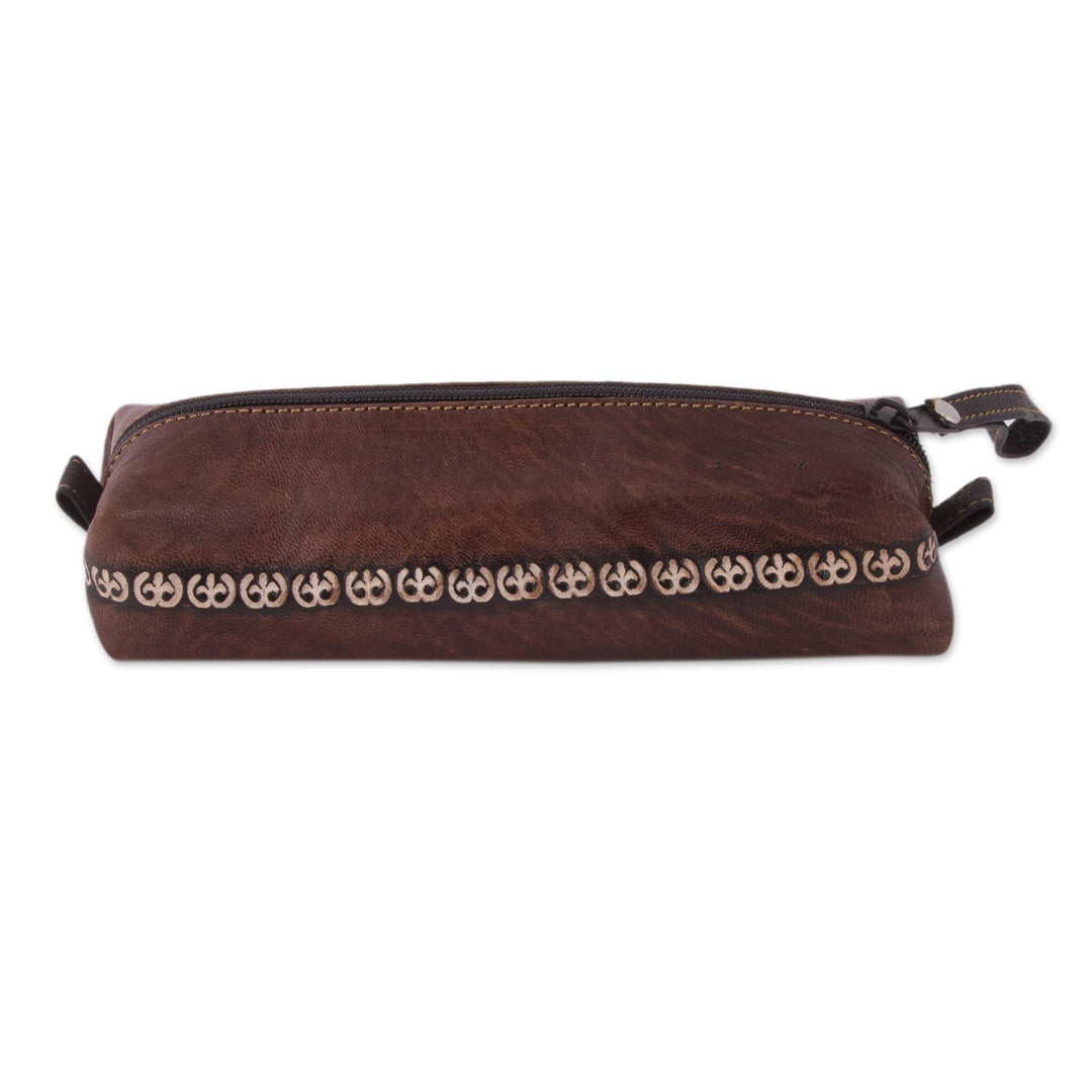 Brown Leather Pencil Case with Hand Painted Flower - Moray Flower