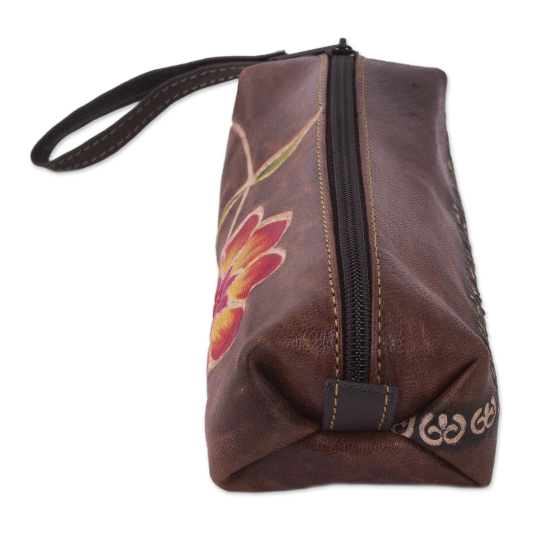 Brown Leather Pencil Case with Hand Painted Flower - Moray Flower