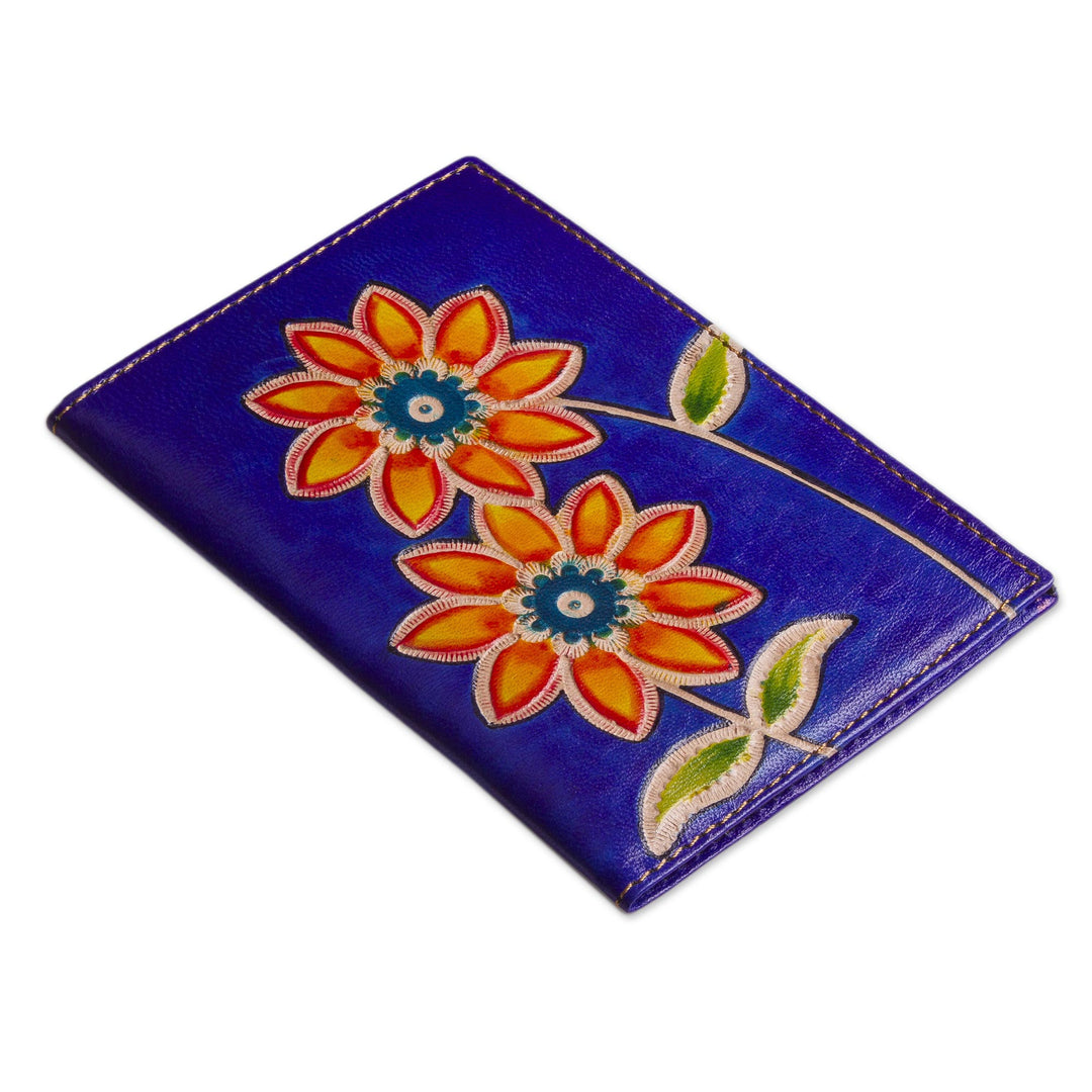 Blue Leather Passport Cover with Hand Painted Flowers - Lovely Traveler in Blue