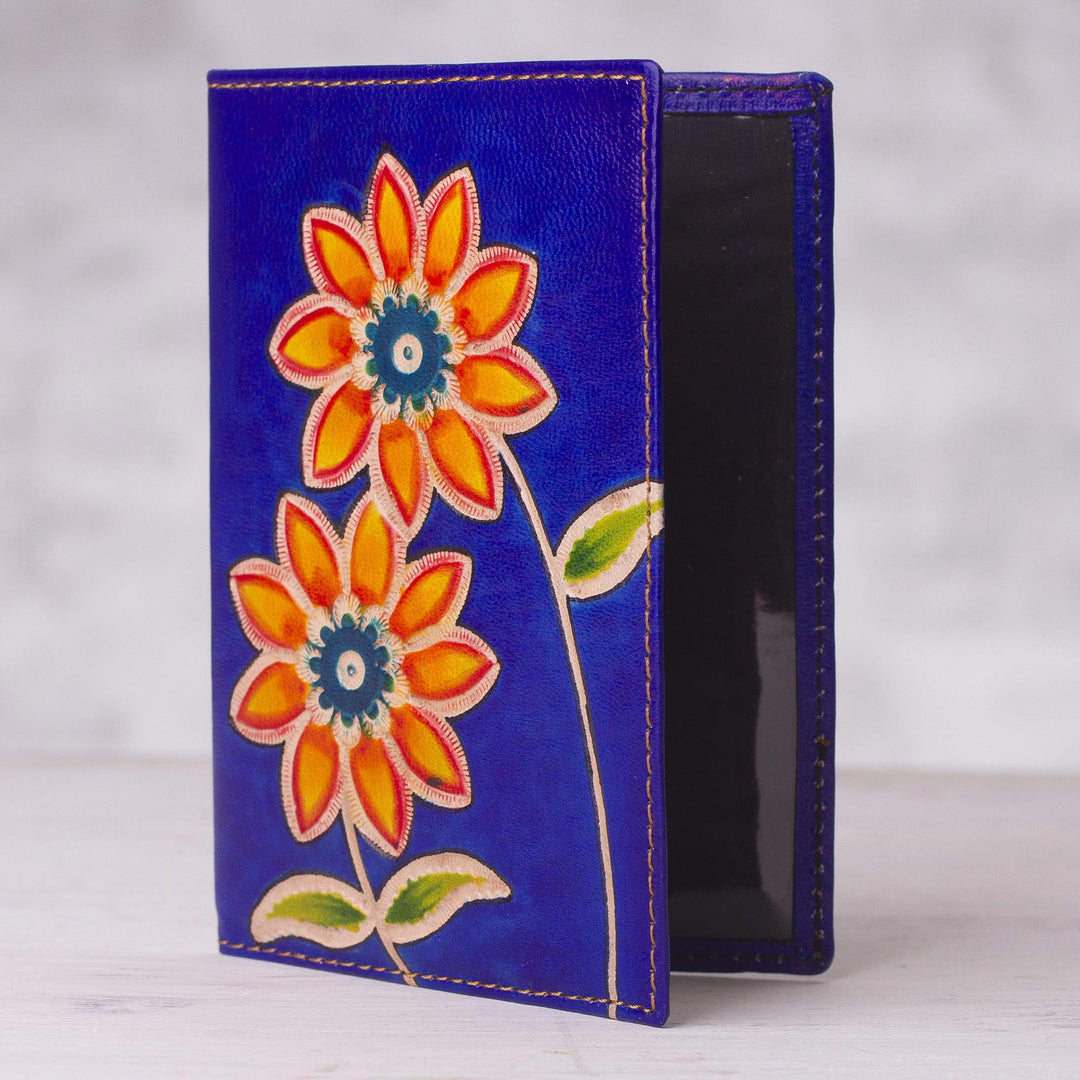 Blue Leather Passport Cover with Hand Painted Flowers - Lovely Traveler in Blue