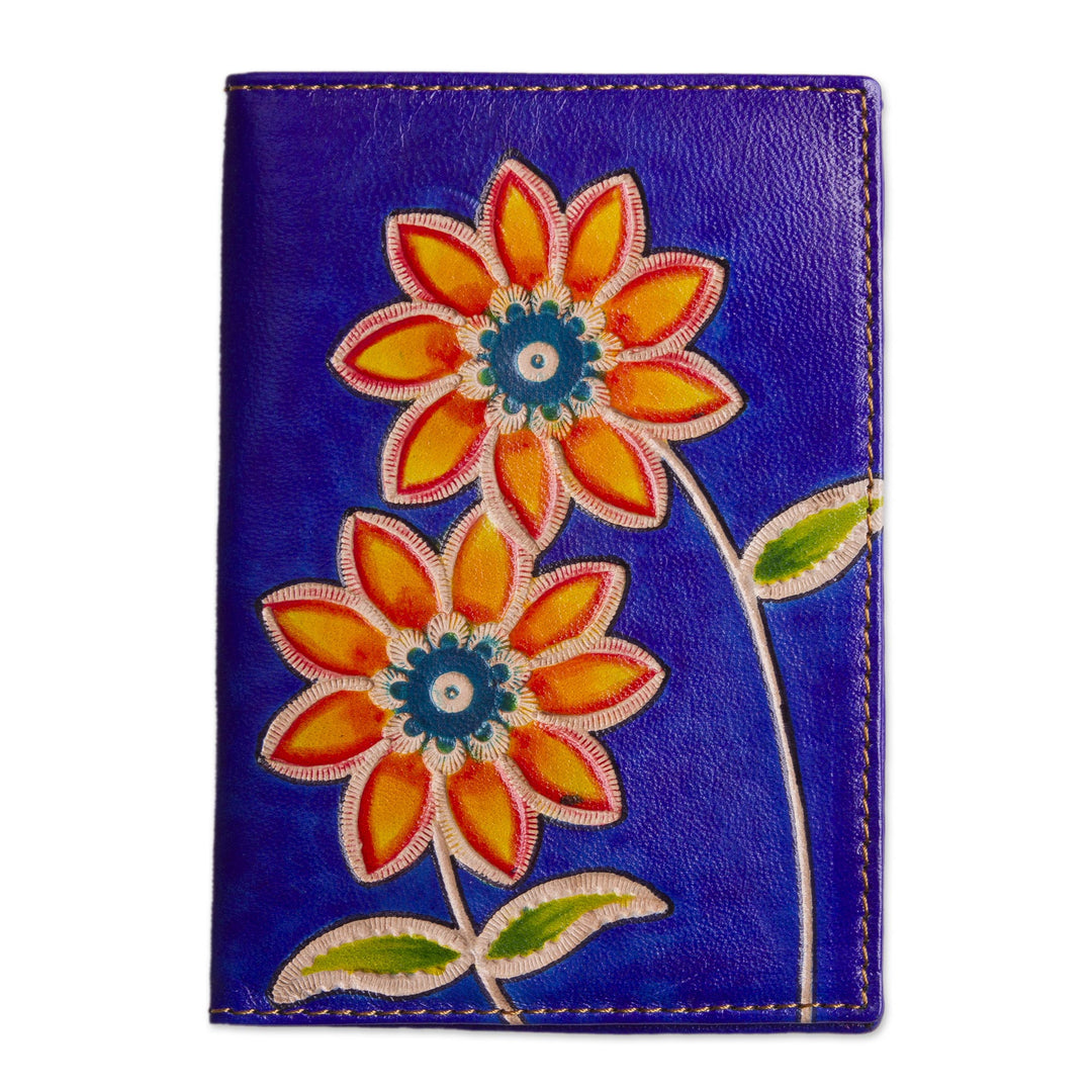 Blue Leather Passport Cover with Hand Painted Flowers - Lovely Traveler in Blue