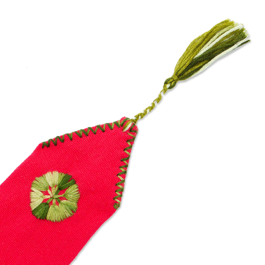 Red Hand Woven Cotton Bookmark with Embroidery - Storyteller