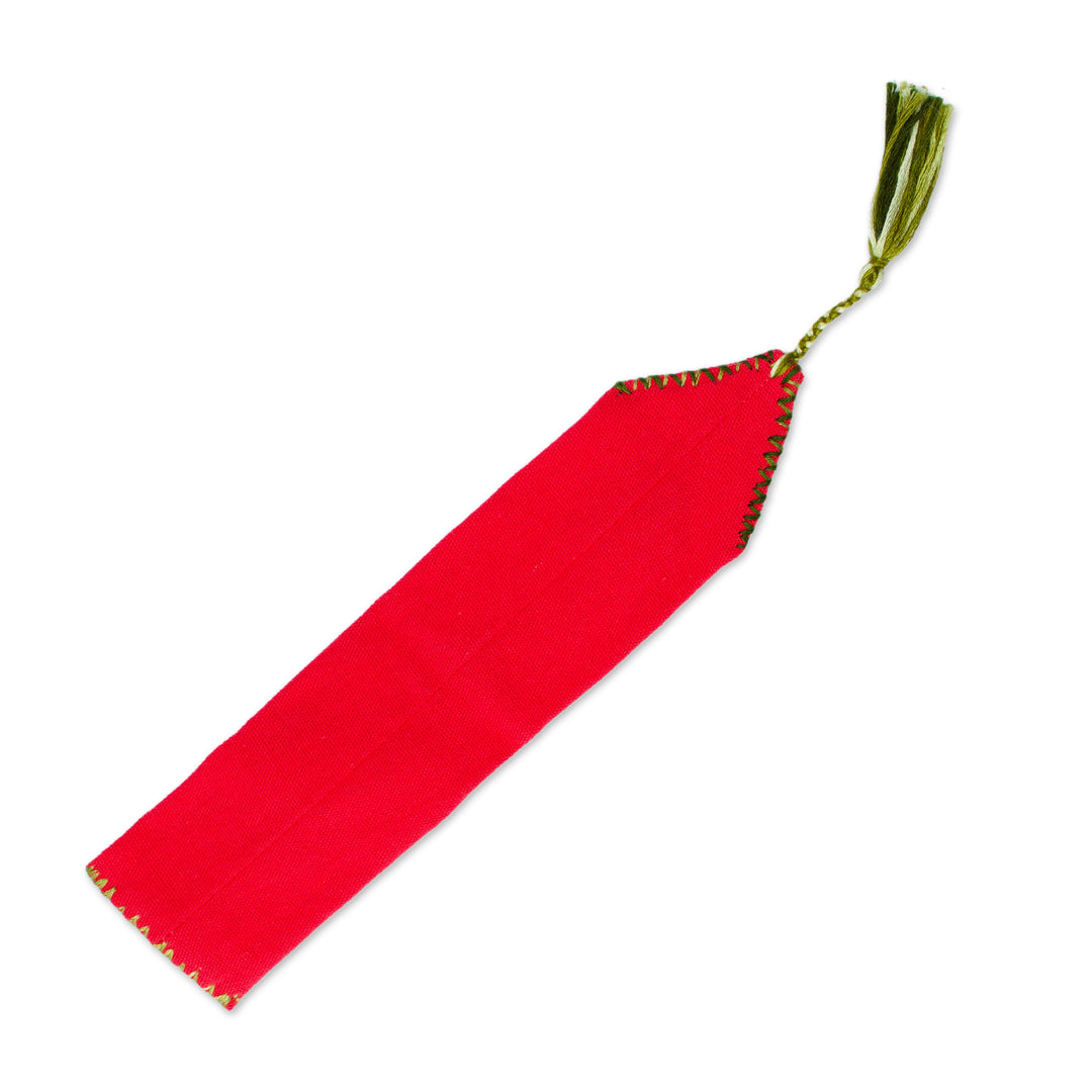 Red Hand Woven Cotton Bookmark with Embroidery - Storyteller