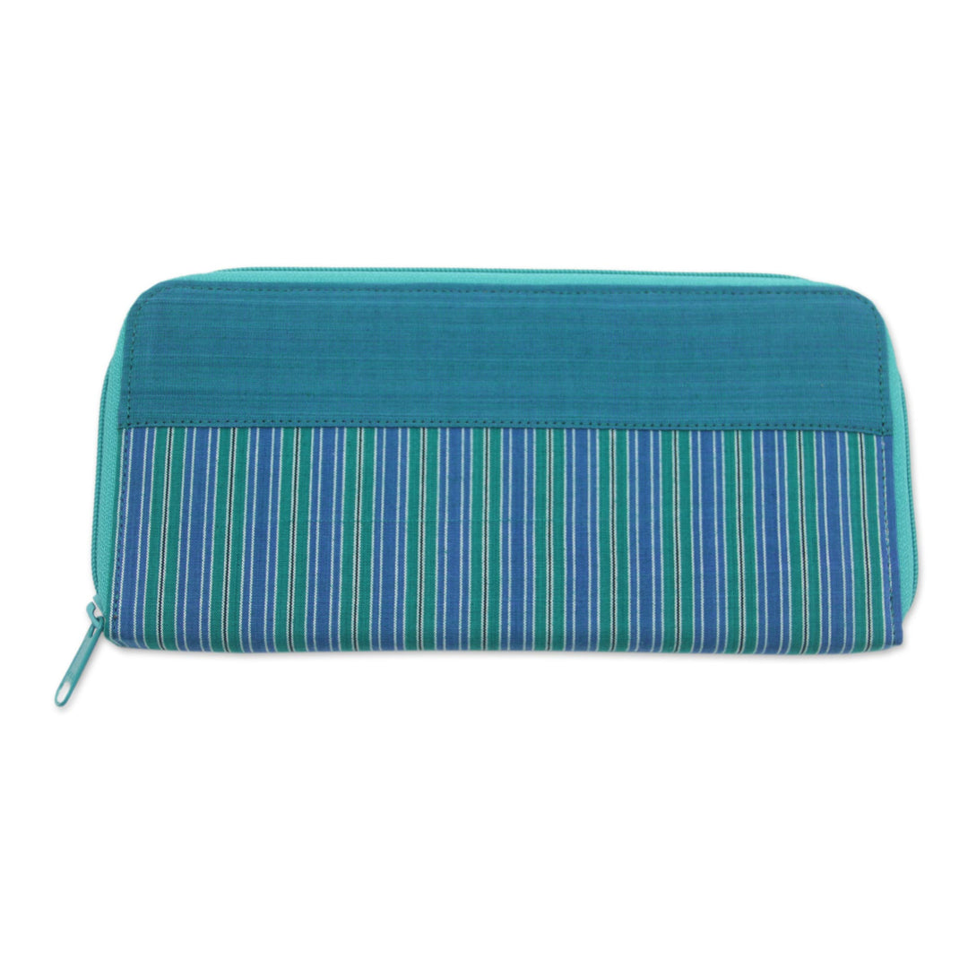 Hand Woven Teal Striped Cotton Wallet with Zipper Closure - Humble Lurik Teal