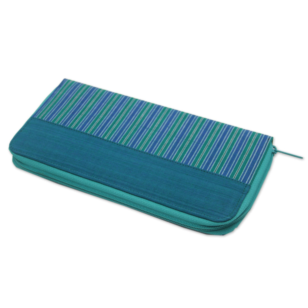 Hand Woven Teal Striped Cotton Wallet with Zipper Closure - Humble Lurik Teal