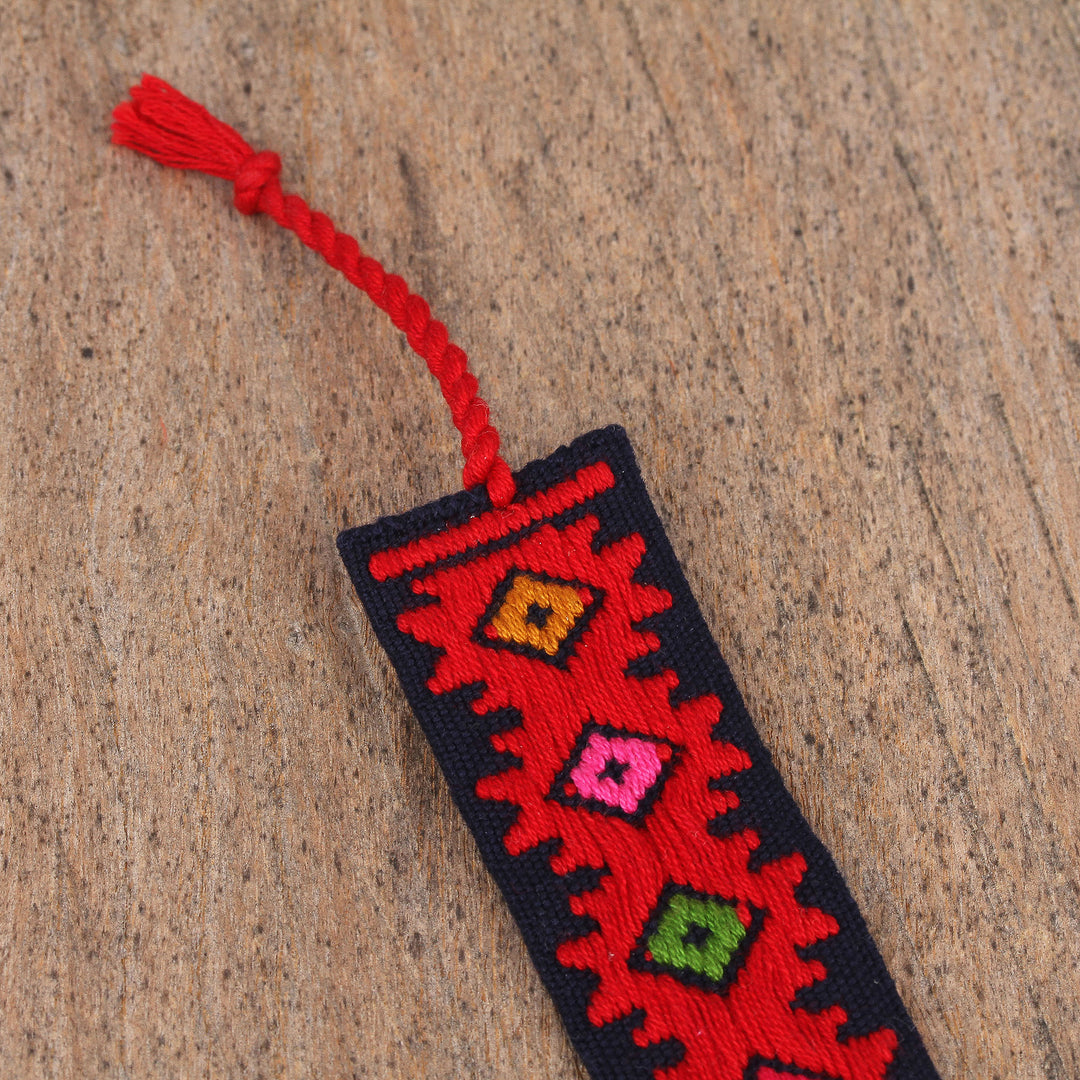 Hand Crafted Multi-Color Embroidered Cotton Bookmark - Dynamic Diamonds